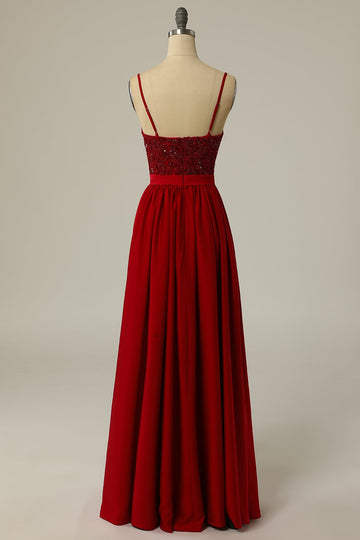 Burgundy Long Appliqued Bridesmaid Chiffon Dress